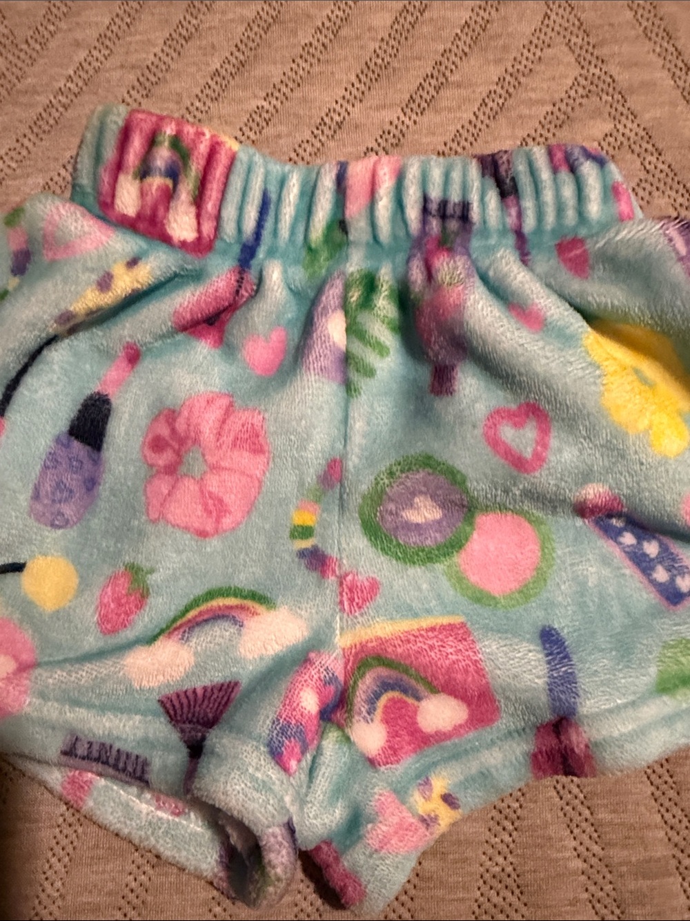 Kids Plush Sleep Shorts in Aqua with Rainbow Print